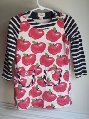 Hatley Apple Print Dress Girls Size 3 Red Apples Stripe Sleeve Vintage Style